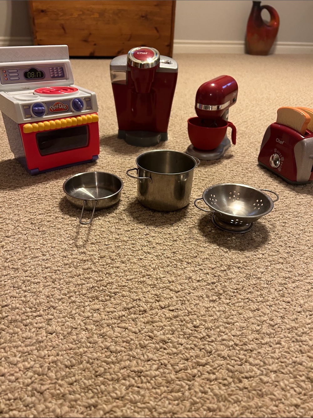 Play Kitchen Set with Red Appliances and Stainless Accessories